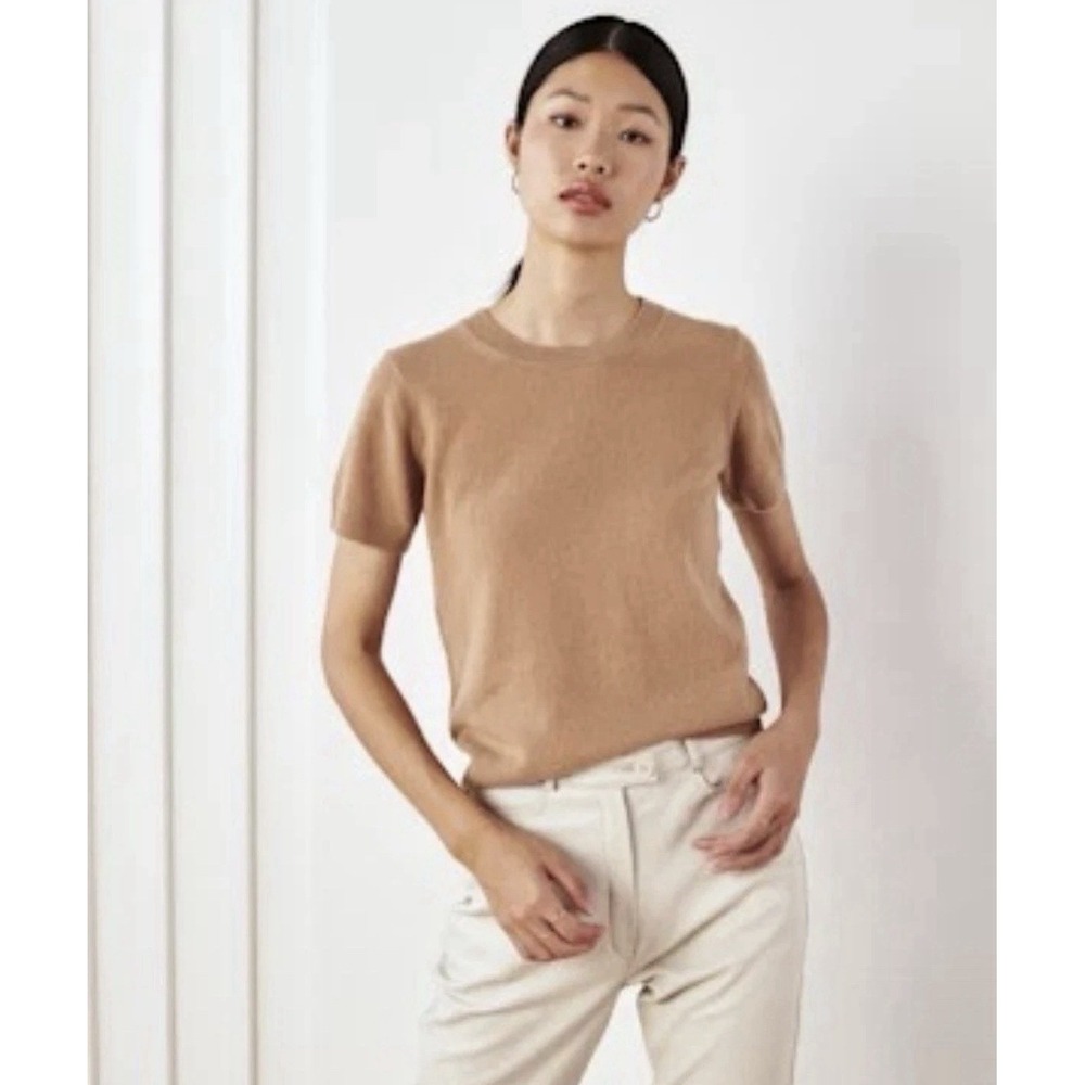 Quince Camel Short-Sleeve Crewneck Sweater
